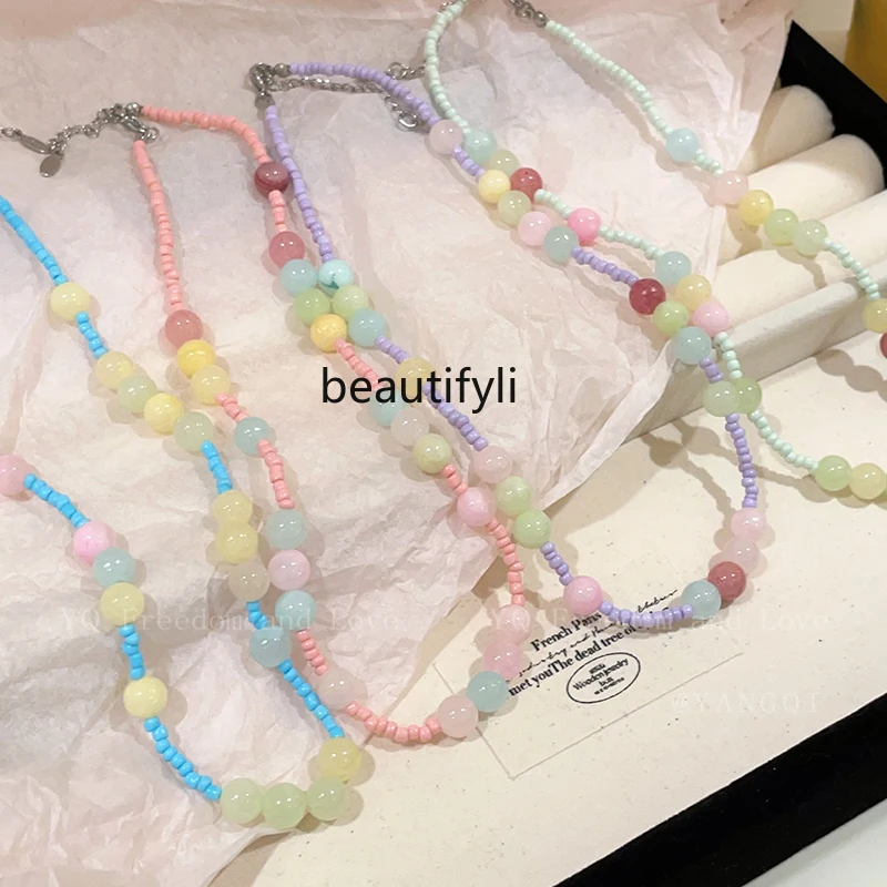 

Dopamine Color Bead Colored Glaze Beads of Necklace Clavicle Necklace Accessories Female High Sense