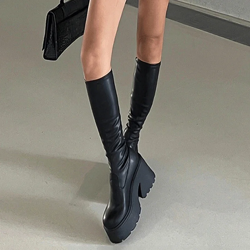 Punk Style Platform Women Long Boots Fashion Elegant Square High Heel Shoes Autumn Winter Women\'s Morder Long Booties