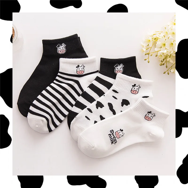 

Cotton Harajuku Cartoon Japanese Style New Arrivals Cow Printed Lovely Women Short Socks Striped Solid Casual Gilrs Sox Autumn