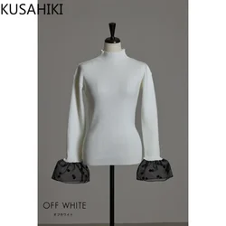 KUSAHIKI Half High Collar Knitted Patchwork Polka Dot Flared Sleeve Base Sweater Fashion Elastic Slim Knitwear Top