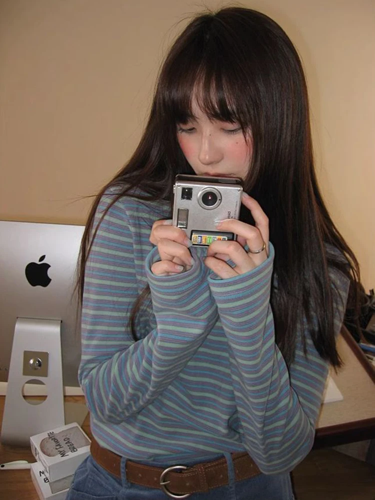 Gestreepte Half Coltrui Vrouwen T-shirt Winter Nieuwe Losse Lange Mouw Warme Basis Tops Y2K Koreaanse Chic Preppy Alle Match Tees Mujer