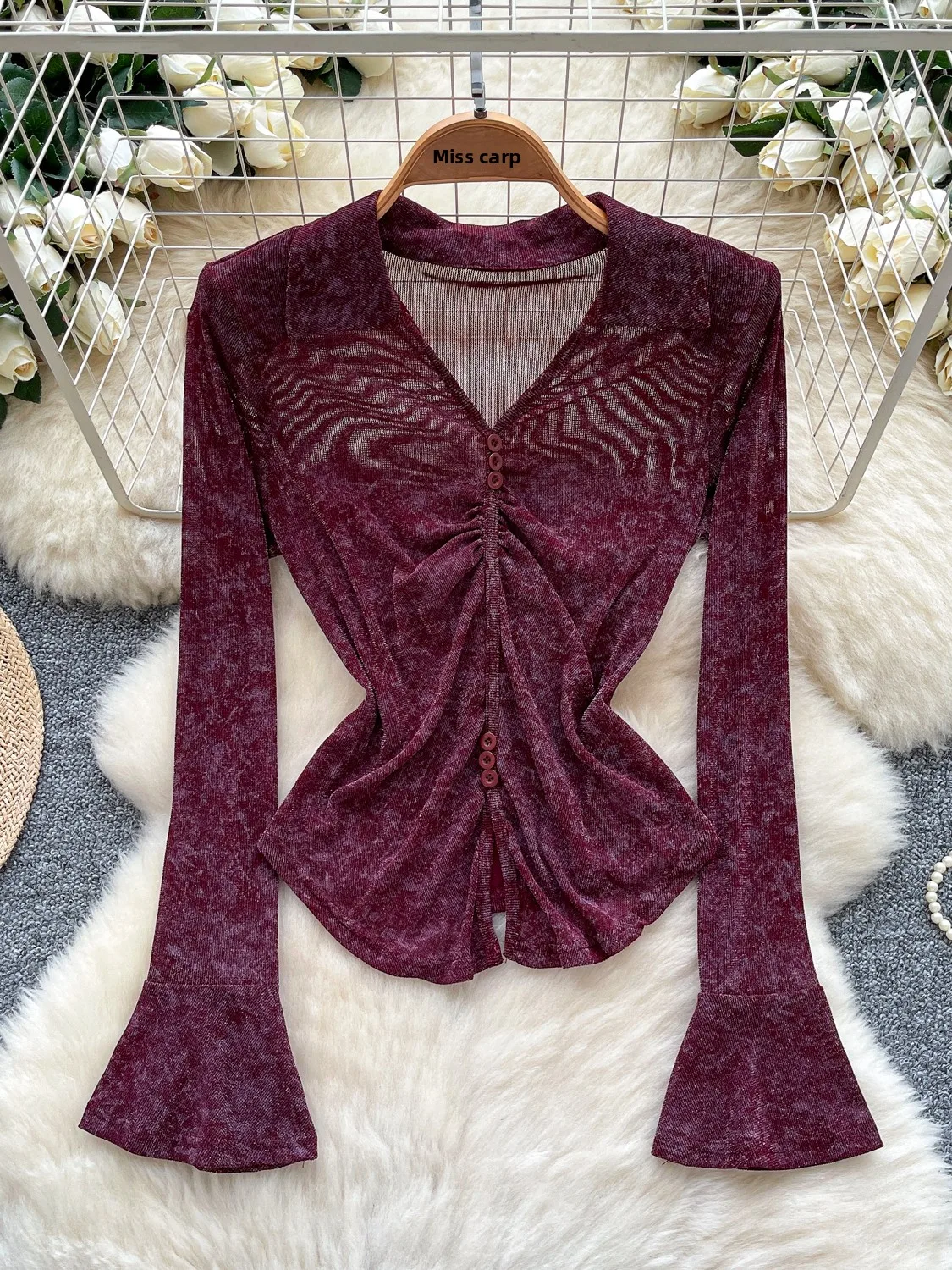 

Облегающий женский топ с цветочным принтом и колокольчиками из полиэфирного волокна, длинный свек, повседневная офисная одежда, весенне-осенний топ