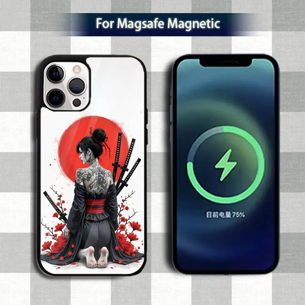 Etui na telefon z motywem sztuki samurajskiej J-Japan Geisha dla iPhone 13, 12, 15, 17, 11, 16, 14, Pro, Max, Plus, Mini, z obsługą Magsafe, magnetyczne etui do ładowania bezprzewodowego.