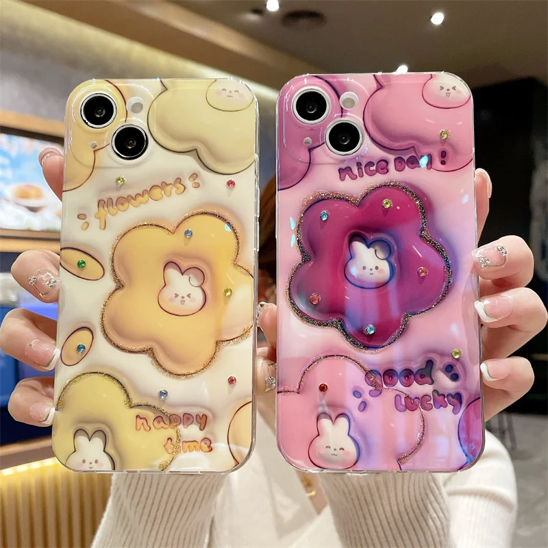 

Shiny Nice Bunny Flower Phone Case For iPhone 13/14 15Pro 12 11 XS MAX XR 78PLUS SE2 Soft Cover Skinny Shell Body Protection