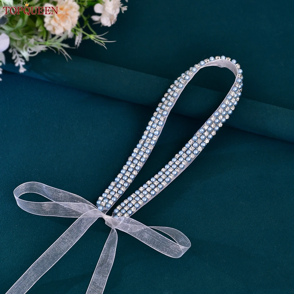 TOPQUEEN Luxury Rhinestone Blue Pearl Belt Women's Prom Christmas Evening Dress Sash Long Wedding Bridal Belt S134