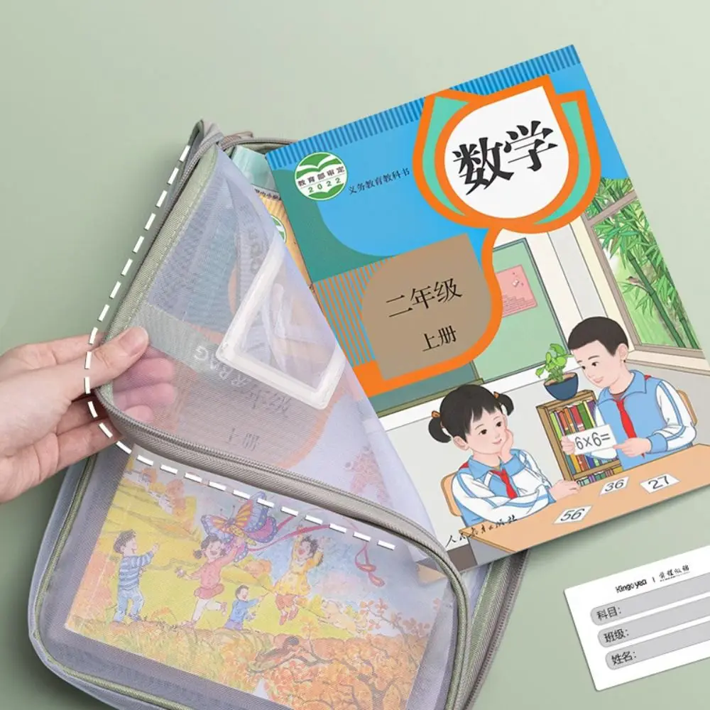 Multifunctional Mesh Zipper Pouch Thickened Transparent File Folder Bag Large Capacity with Double-Sided Label