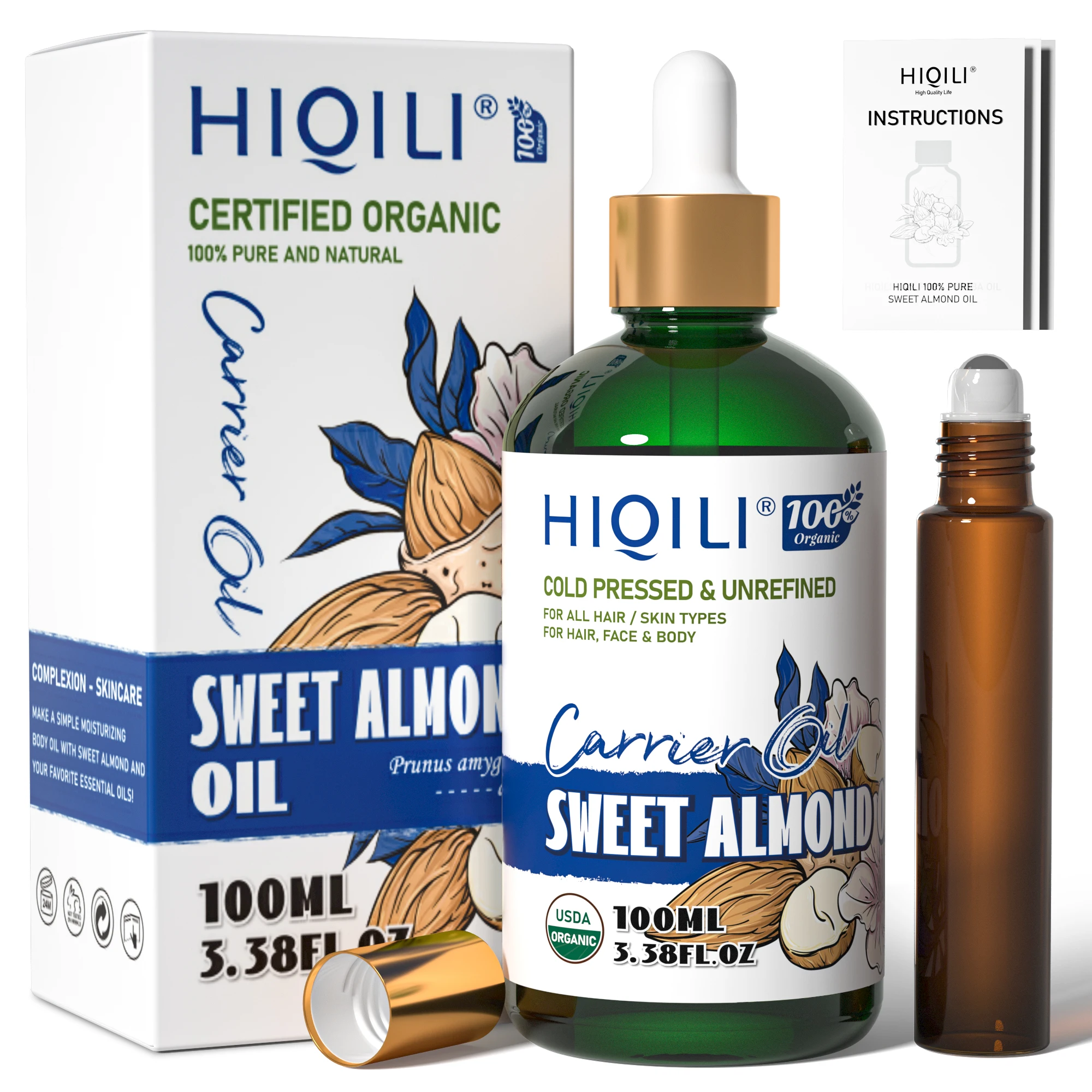 HIQILI 100ML Sweet Almond Oil ,Pure and Natural Carrier Oil for Hair, Skin, Body, Massage, Diluting Essential Oils