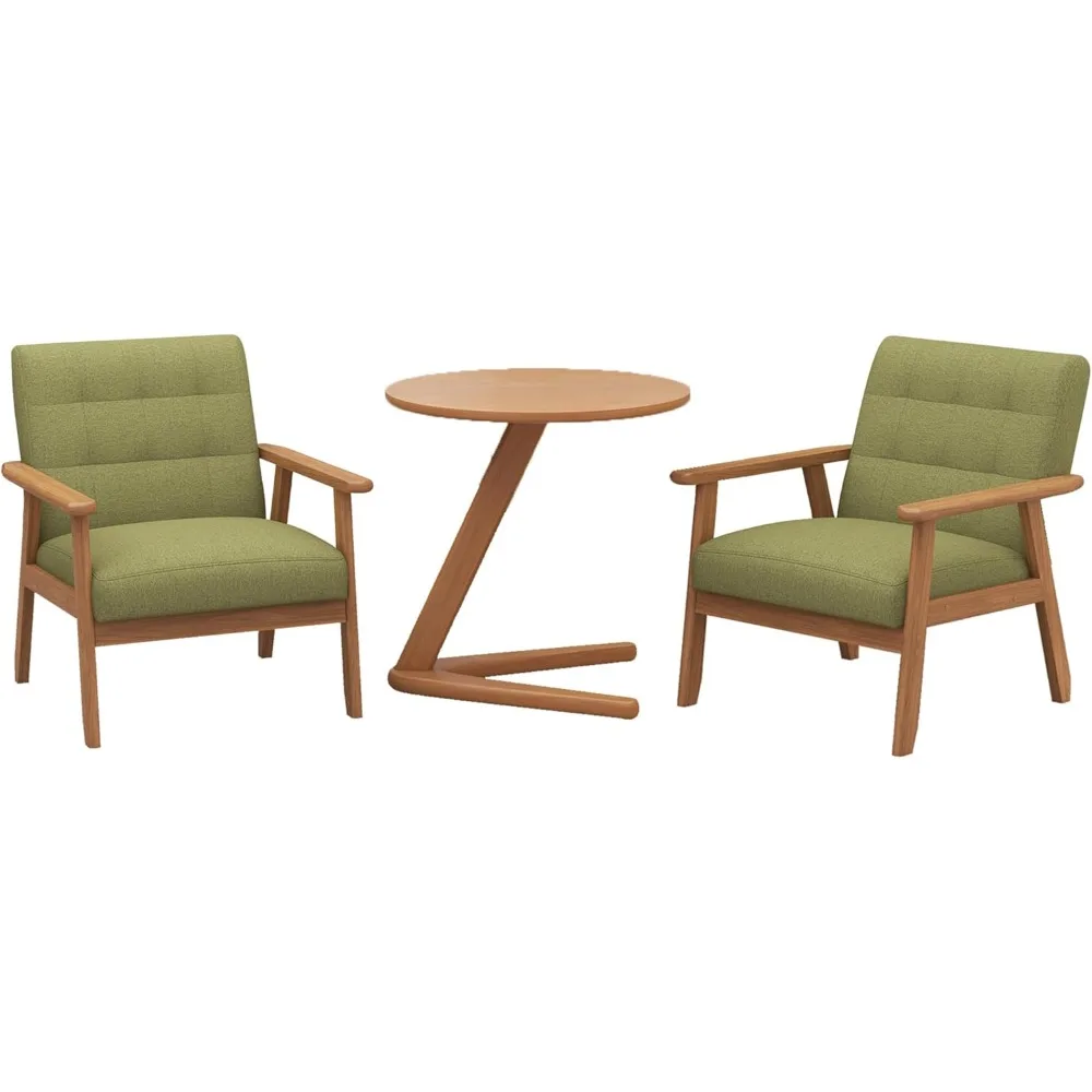 Chairs Set of 2 with Side Table, Mid-Century Modern Leisure Coffee Retro Wood Armchair, Comfy Lounge Chair for Living Room