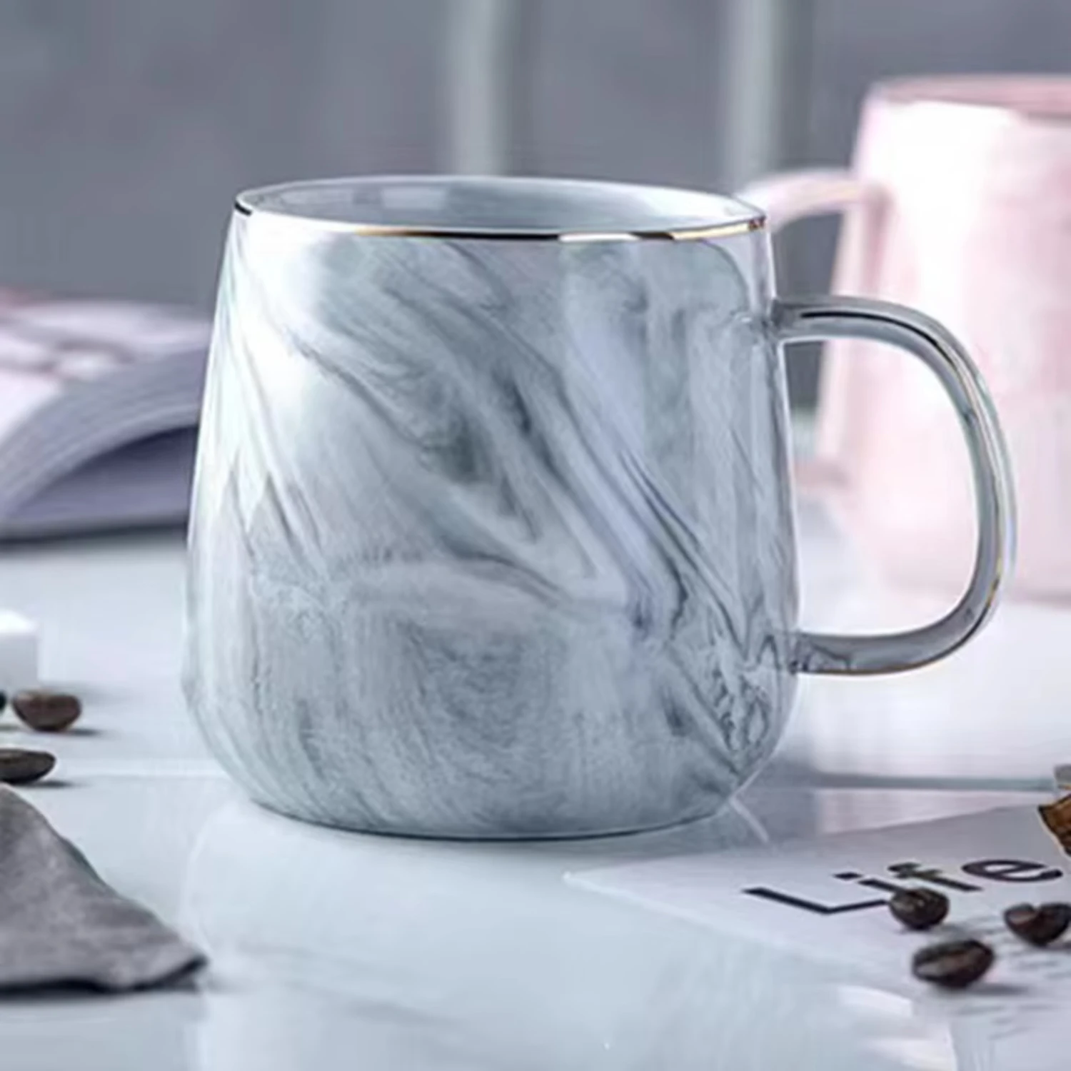 1PC Ceramic Cup Nordic Gold Rim Coffee Oatmeal Breakfast Cup  Personality Mug Marble Pattern