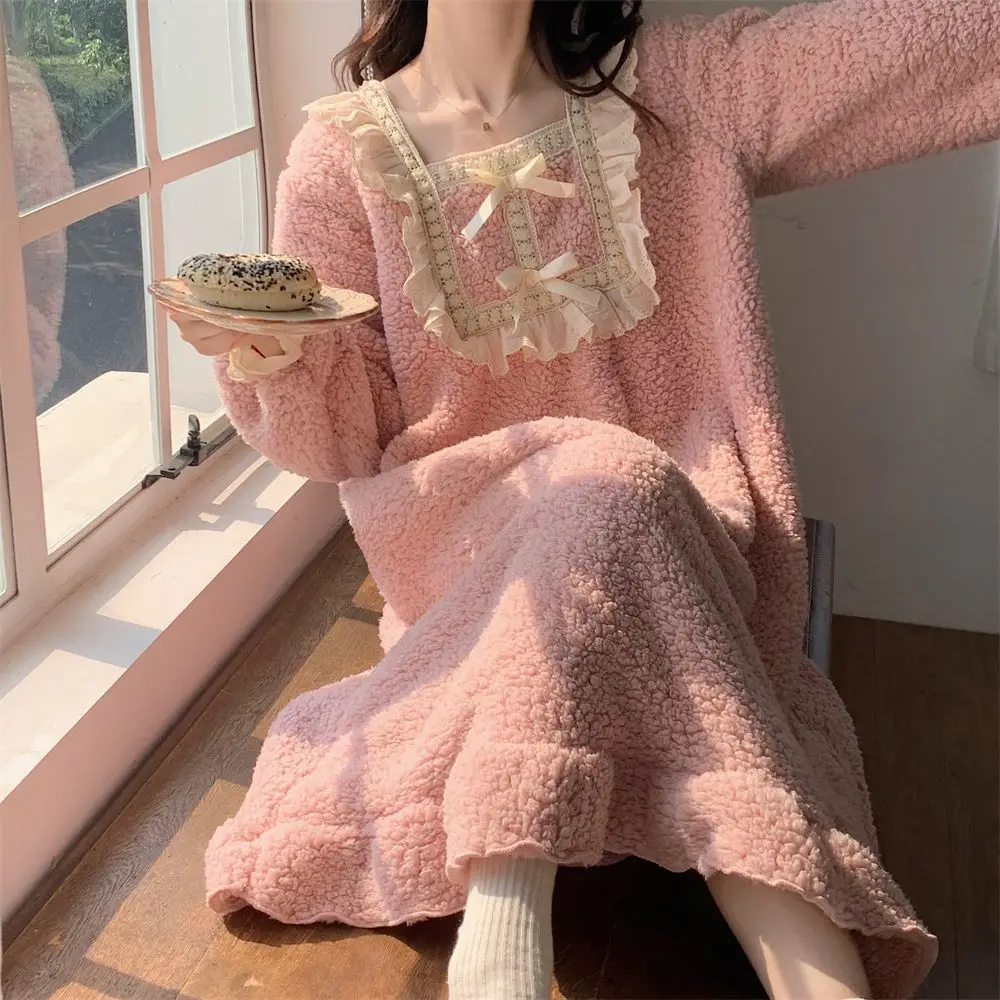 Fleece Women Nightgown Korean Lace Sleepwear Winter Night Dress Knee Length One Piece Pajamas Solid Square Collar Warm Home Wear