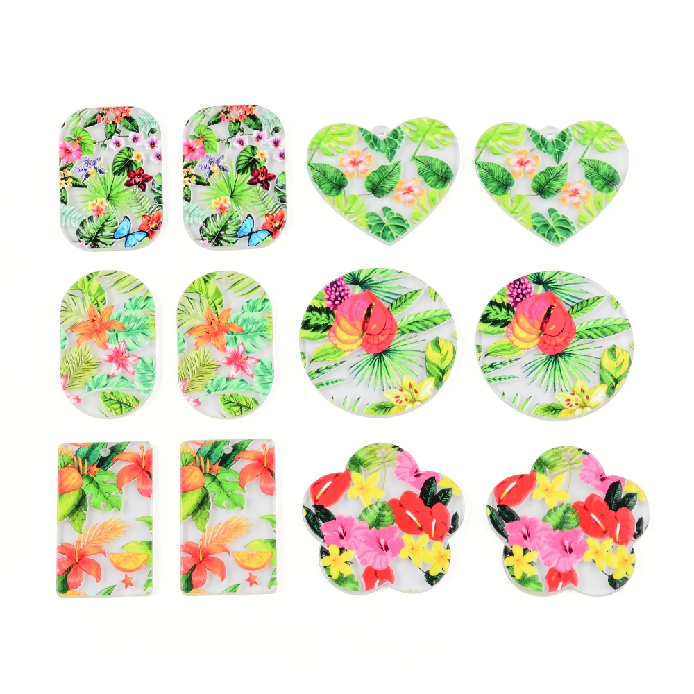 6pc Bright Colorful Flower Painting Acrylic Plate Pendant Jewelry Accessory Handmade Connector DIY Earrings Component for women