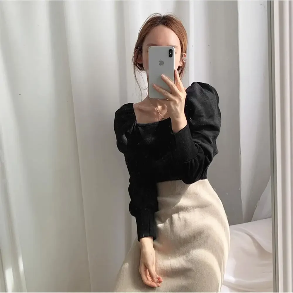 Thickened Velvet Square Neck Slim Fit Pleated Bubble Sleeve T-shirts Spring Ropa Mujer Shirts for Women Black Tops Knit V1470