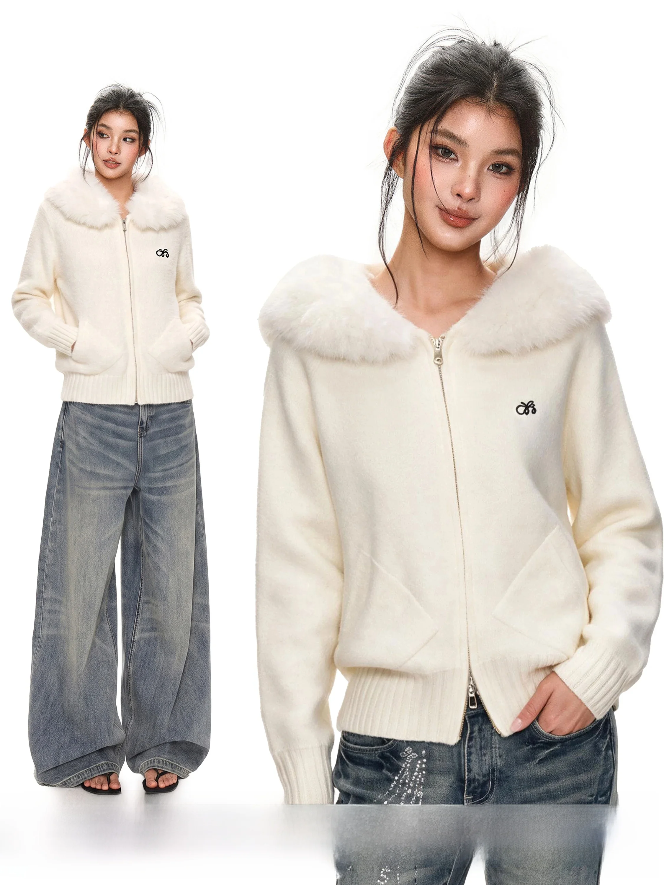White Fur Collar Hooded Double Zipper Knitted Sweater Coat Women's Autumn Winter Thickened Loose Lazy Style Hat Shirt Open Ca...