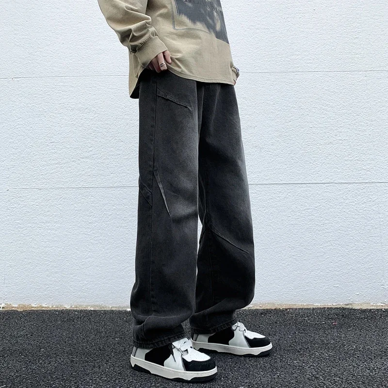 Spring 2024 Fashion Casual Versatile American High Street Straight Barrel Washed Jeans Men's Wide Leg Long Pants KZ7093