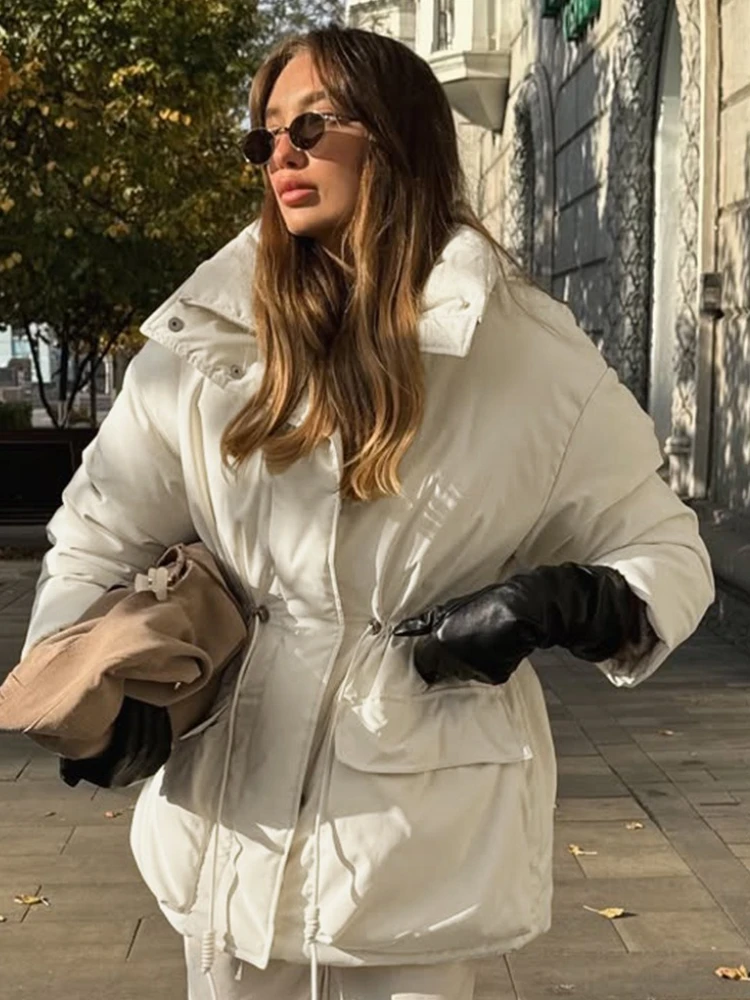 

Long Sleeves Cotton Jacket Women's Drawstring Waist Cotton Jacket Warm And Flattering Solid Pocket Stand-Up Collar