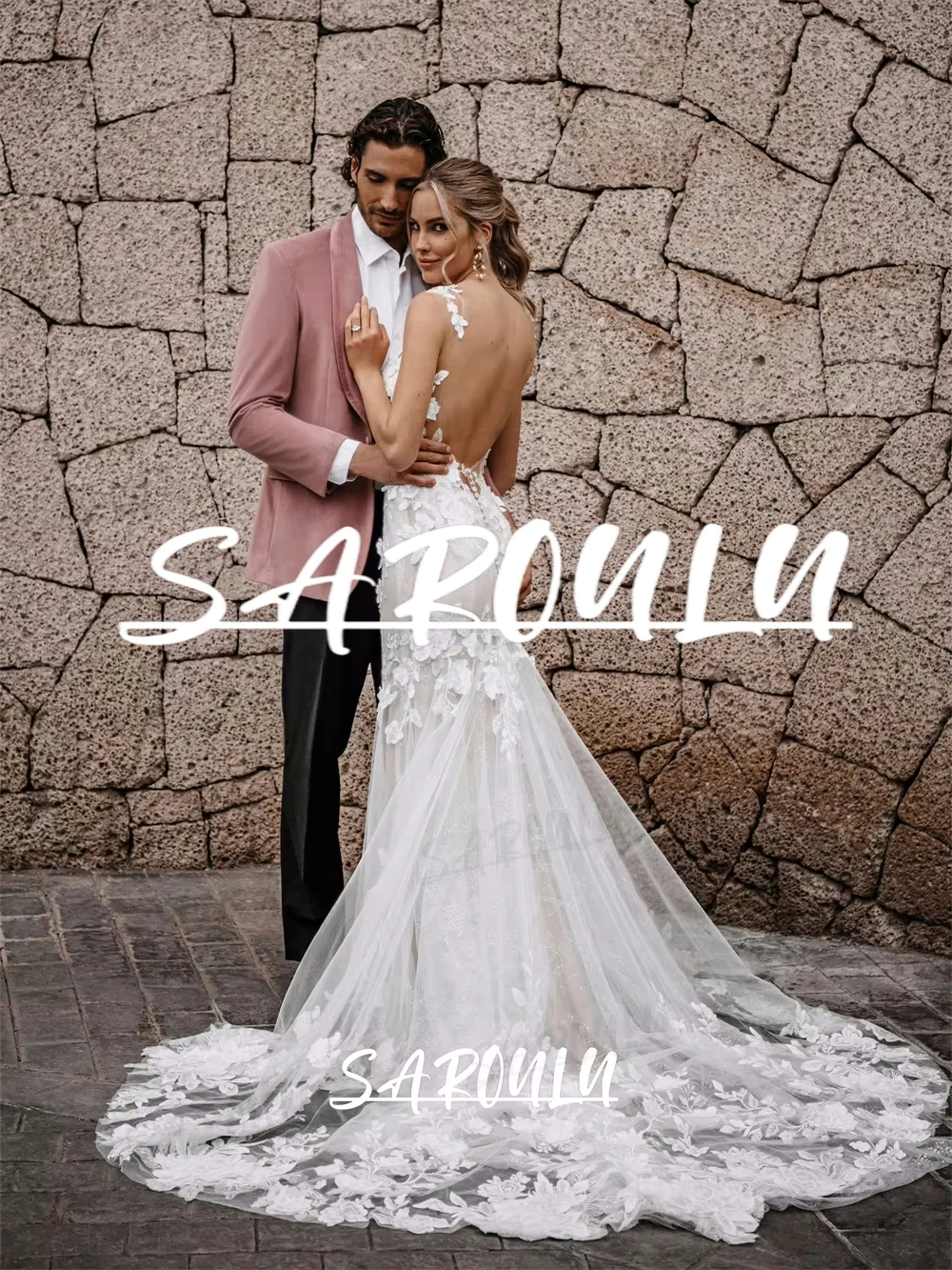 

Sheer Neck Long Tulle Wedding Dress with Watteau Train, Sleeveless Sheath Bride Dresses, Sexy Backless Bridal Gown Customized