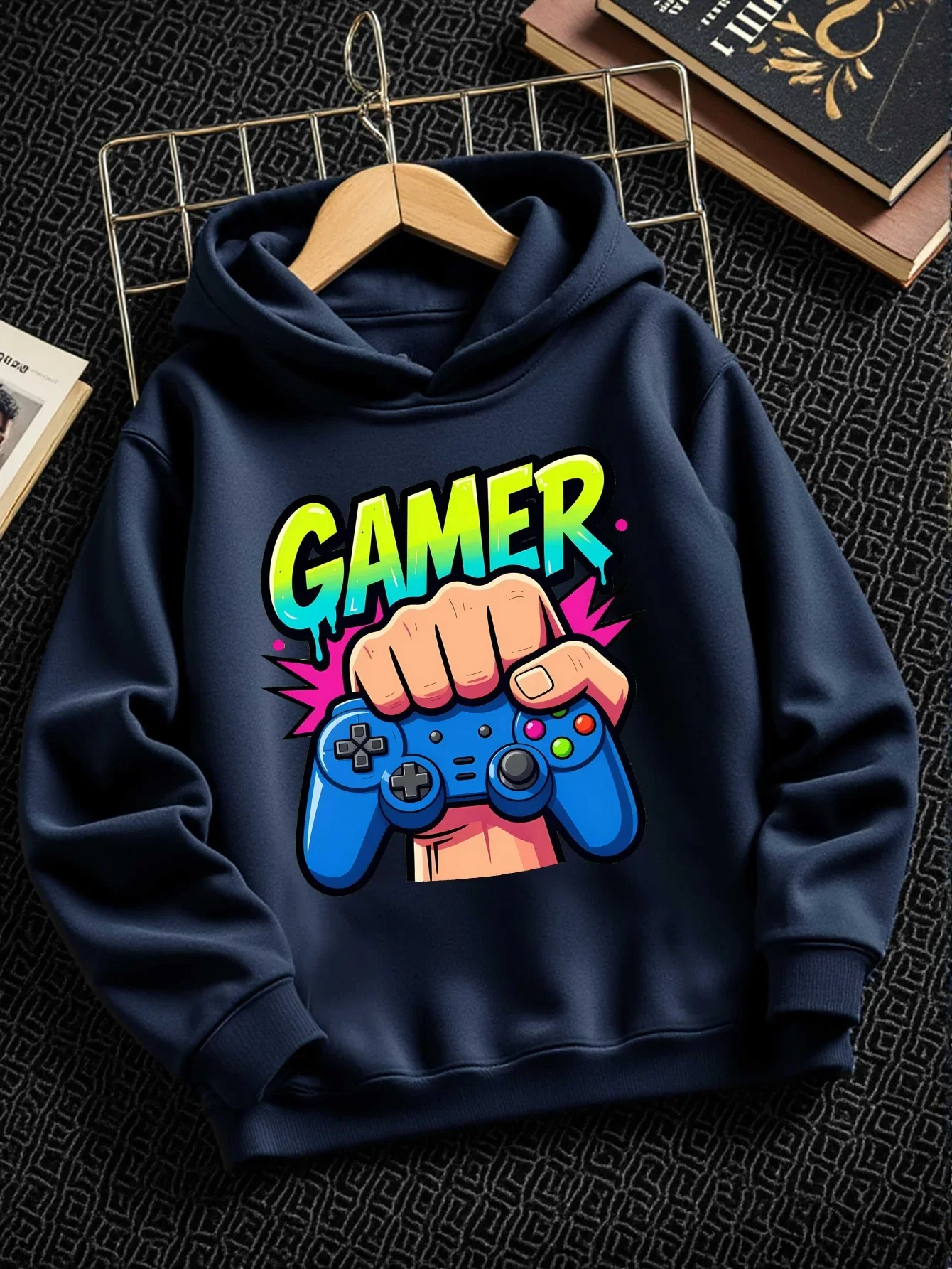 Kids Hoodie Cool Gamer Game Controller Print Soft Comfortable Long Sleeve Pullover Hooded Sweatshirt