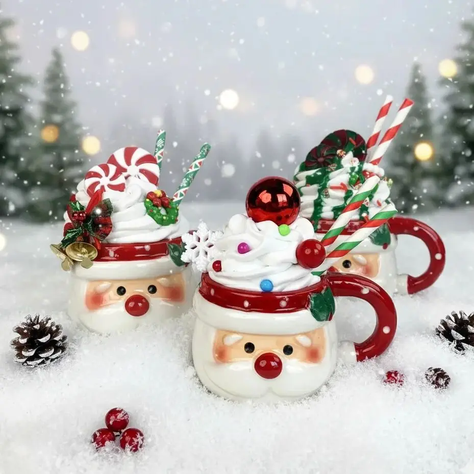 Christmas Santa Claus Mug Fake Whipped Cream Topping Resin Simulation Hot Chocolate Decoration Xmas