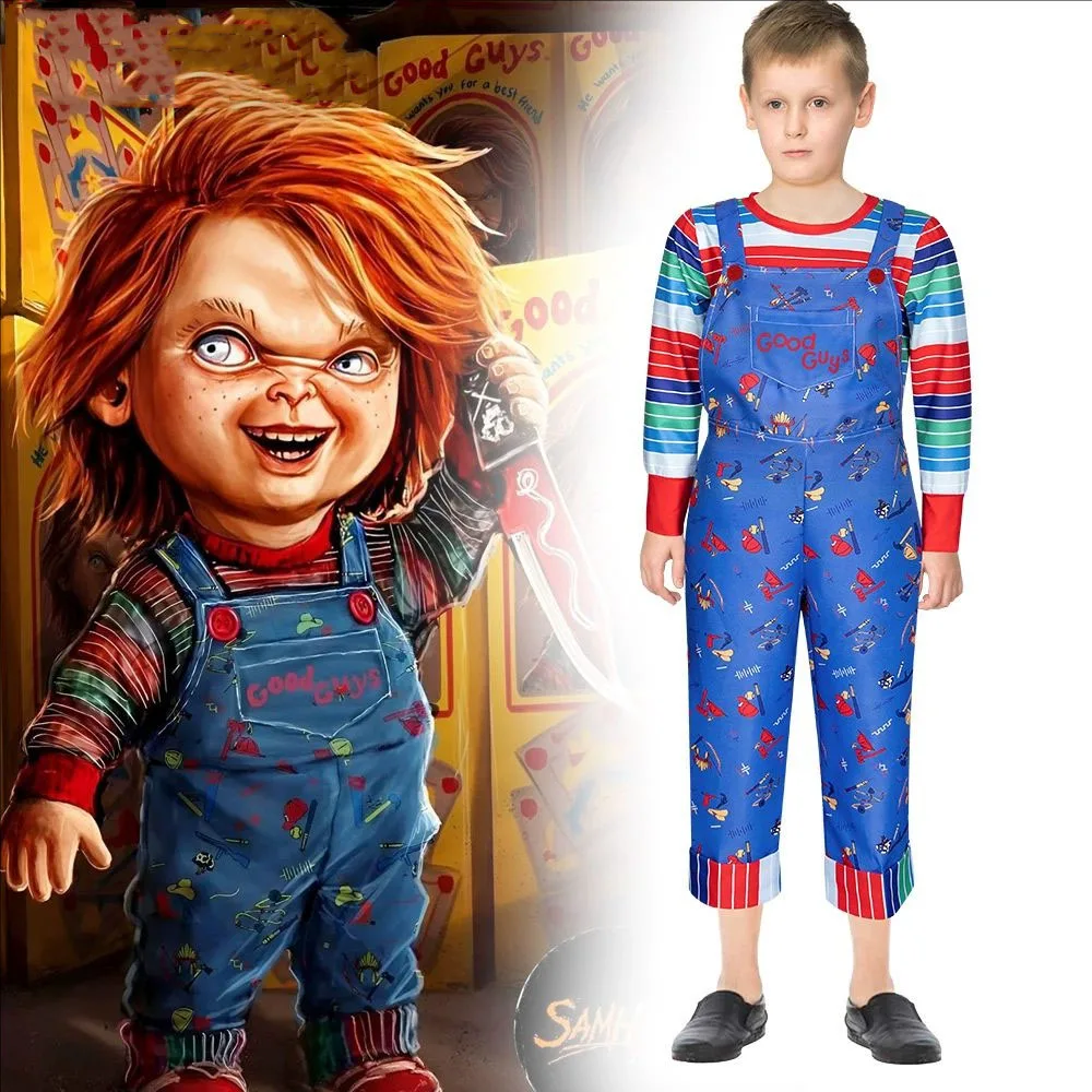 

Halloween Costume Chucky Child Play Blue Cartoon Jumpsuit Overalls with Striped Shirt for Kids Adult Chucky Cosplay Costume