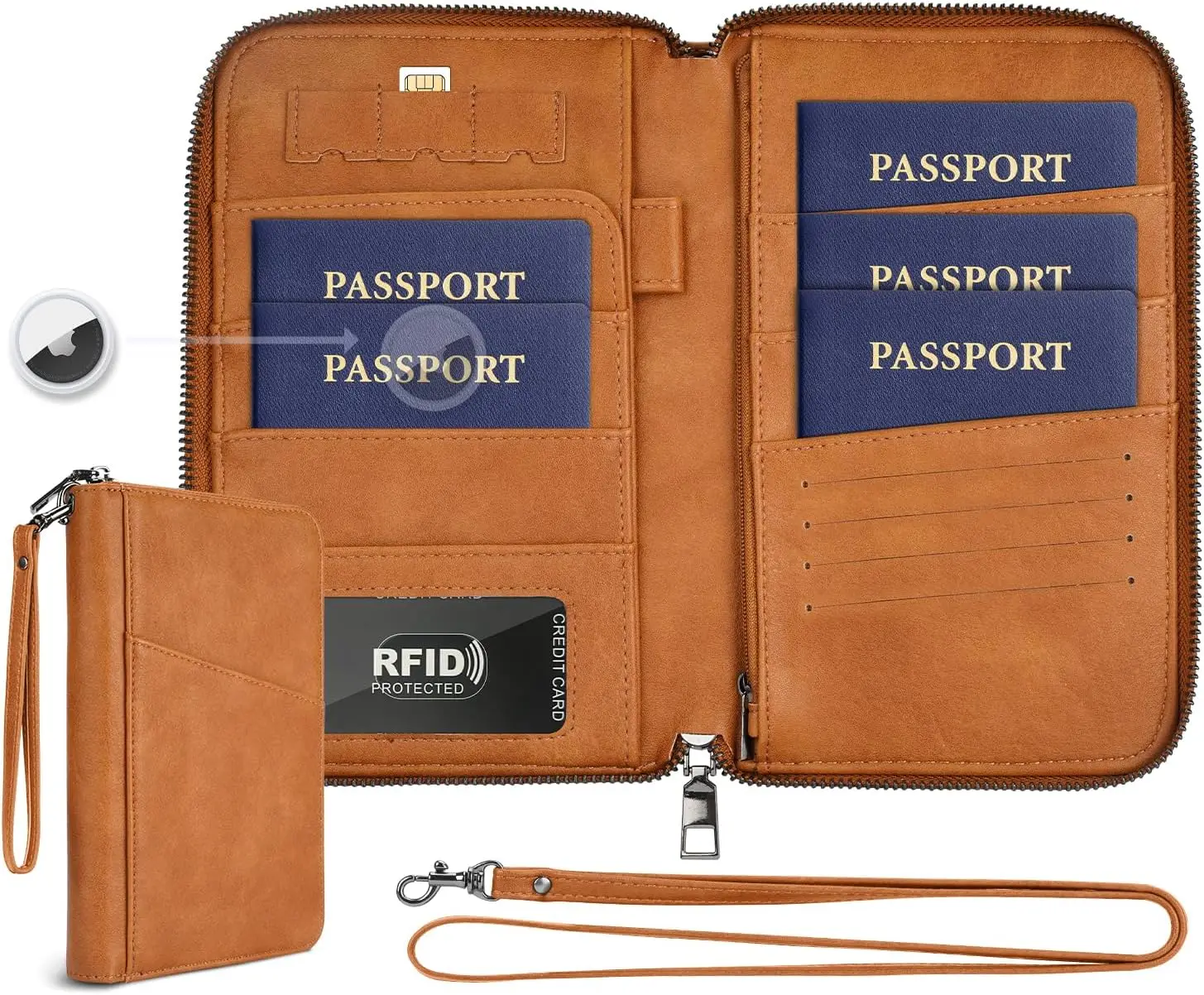 

Family Travel Passport Holder with RFID Protection, 5 Passport Slots, Detachable Straps for Women Men - Apricot