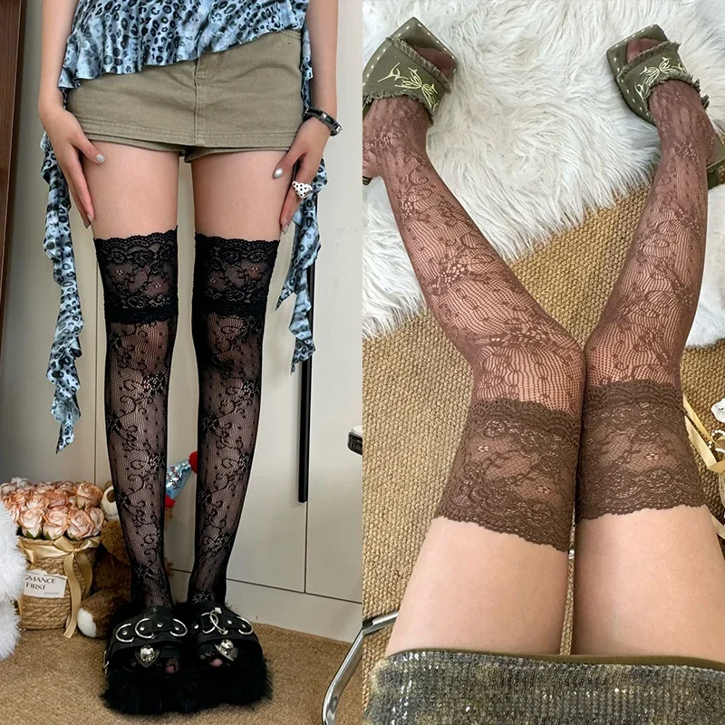 

Y2K Girls Flower Lace Fishnet Thigh High Stockings Women 2025 Japanese Style JK Sweet Lace Trim Frilly Over Knee Long Socks