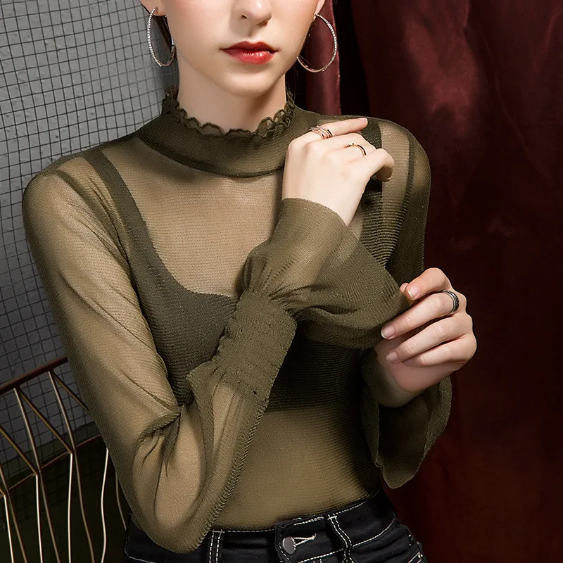 

#4376 Black Green Perspective Mesh Long Sleeve T Shirt Women Thin Sexy Ruffles Collar Tight Tee Shirt Femme See Through Tshirt