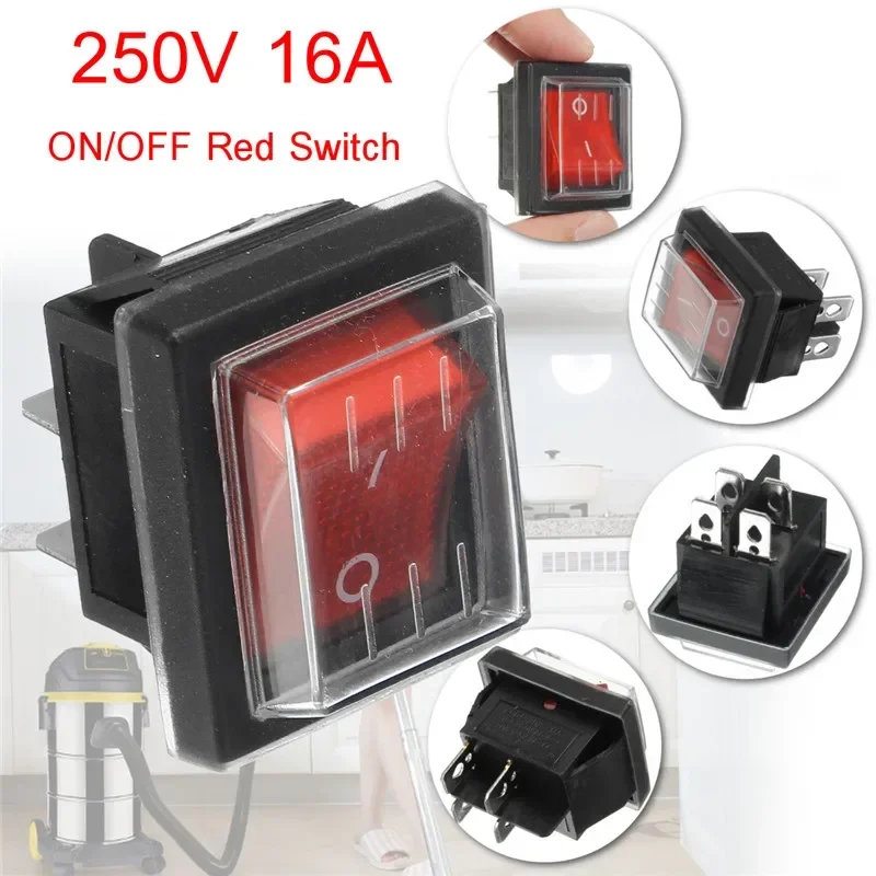 Waterproof Rocker Switch with Cover for Industrial Vacuum Cleaners, Water Absorption, 4 Pin, 36x29mm, 250V, SPST, 1Pc