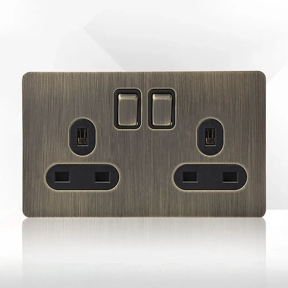 Retro Eu metalen paneel wandschakelaar lichtschakelaar stopcontact, gebronsd antiek roestvrij staal Duits 16A stopcontact met USB-telefoon opladen