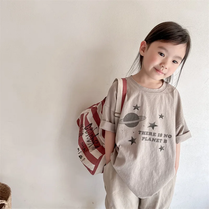 2026 Summer New Children Short Sleeve T Shirt Cute Planet Print Girls Loose Casual T Shirts Fashion Baby Boy Cotton T Shirt