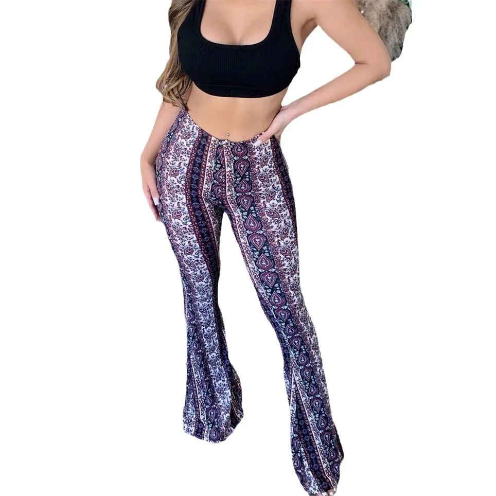 Women Pants High Waist Printed Trousers Boho Wide Leg Flared Pants Brown Cropped Top Off Shoulder Women's Clothes For Woman