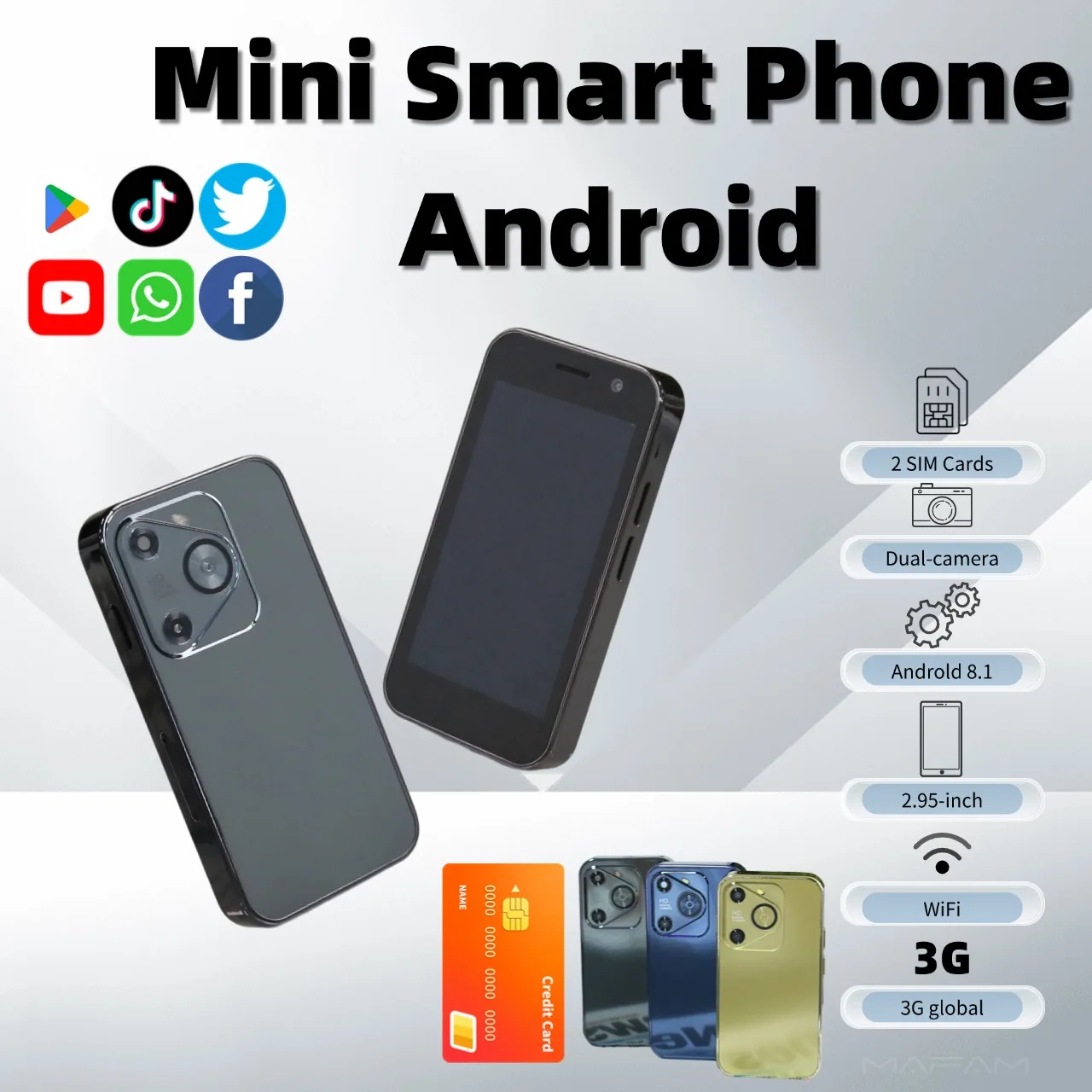 

Mini Pocket Size Android Kids Phone 3G WCDMA 3.0 Screen Android 8.1 Play Store 16G Wifi Hotpot Dual SIM Portable Smart Cellphone