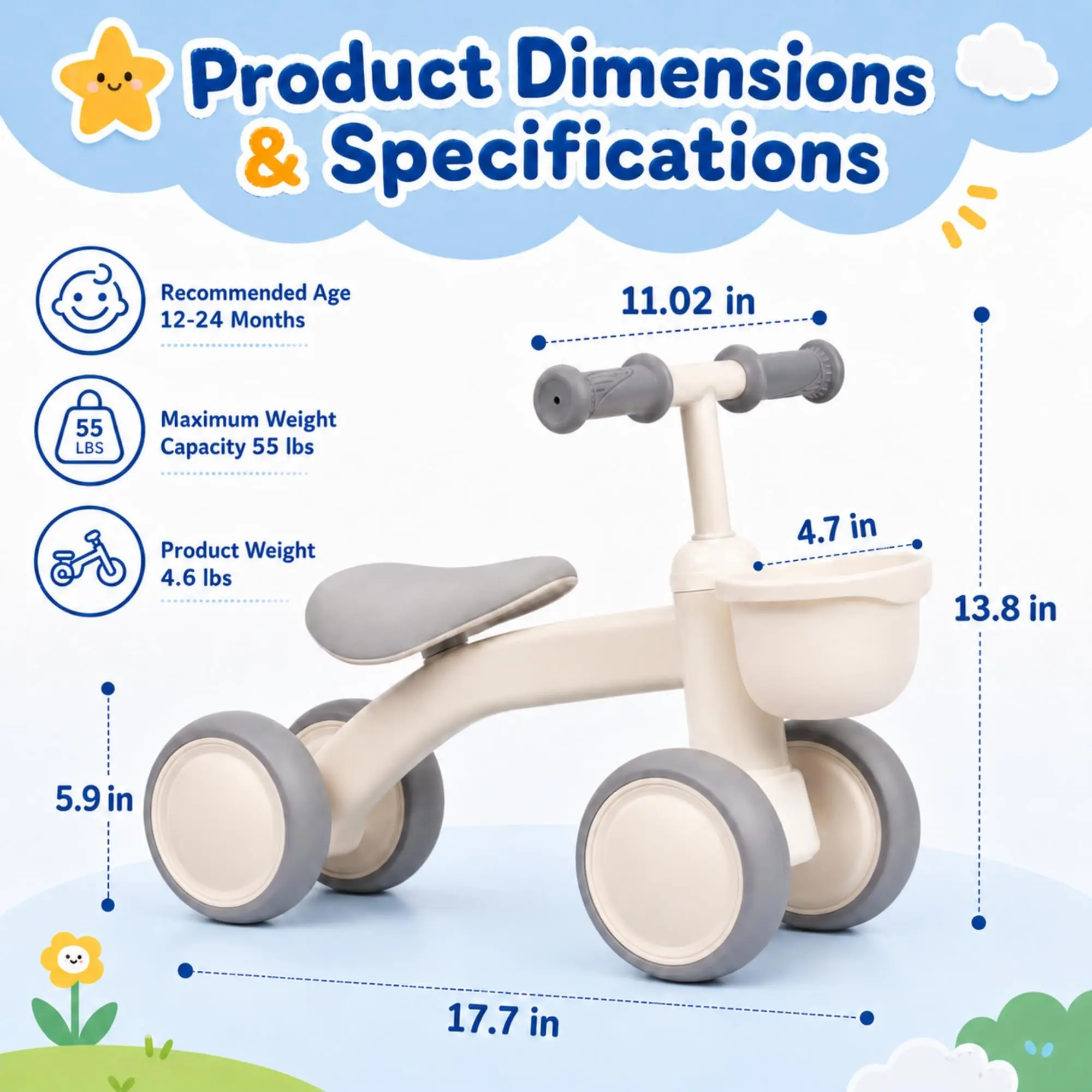 Lightweight 4-Wheel Toddler Balance Tricycle – No Pedal Ride-On Toy with Adjustable Seat & Removable Basket – Safe First Bike for Boys & Girls, Supports up to 55 lbs