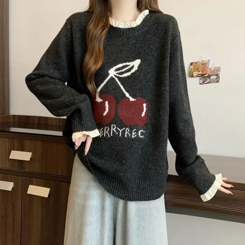 

Свитер трикотажа женский свитер вишневого цвета большого размера женский свободный вязаный топ с кружевным воротником для похудения осень-зима повседневная футболка милая