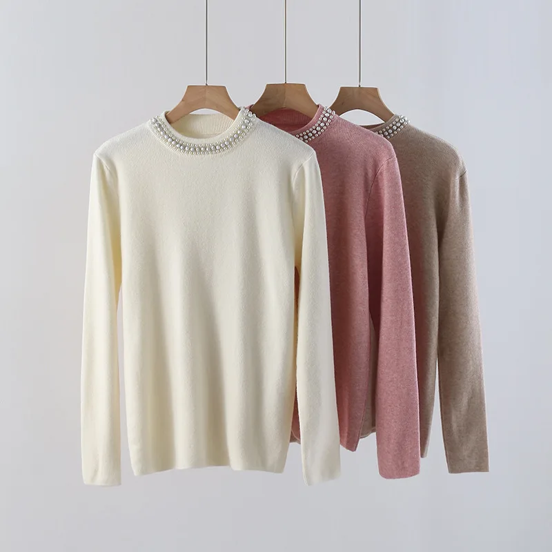 

New Fashion Early Autumn Round Neck Pullover Beaded Loose and Thin Long-sleeved Knitted Sweater
