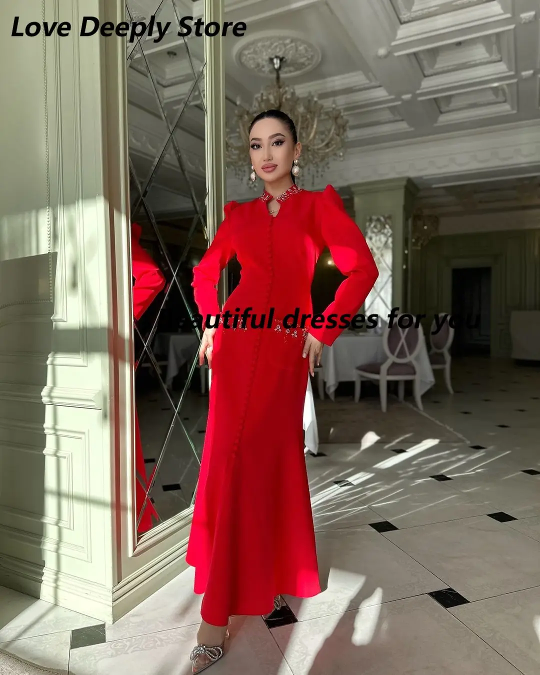 Customized Classic Mermaid Long Sleeves Evening Dresses High Neck Ankle Length Prom Dresses Party Dresses