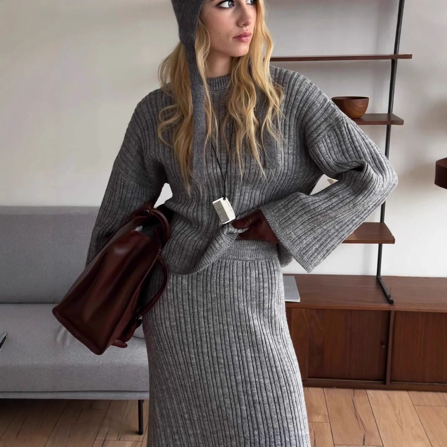 Women 2 Piece Rib Knit Outfit, Round Neck Loose Long Sleeve Sweater + Midi Skirt, Solid Knitted Matching Set for Autumn Winter