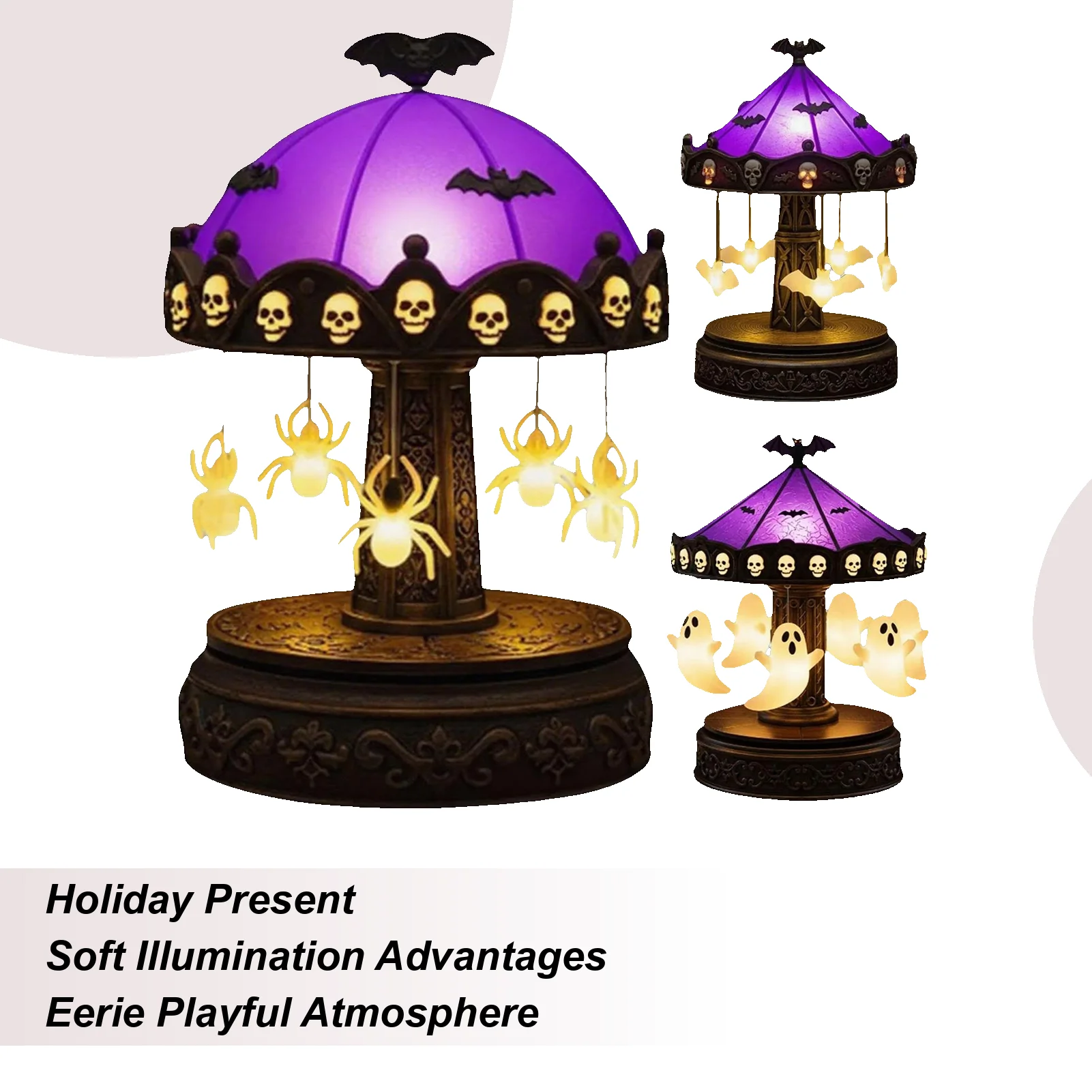 

Ghost Carousel Night Light Spooky Bat Spider Carousel Night Light USB Rechargeable Halloween Night Light Desktop Decoration