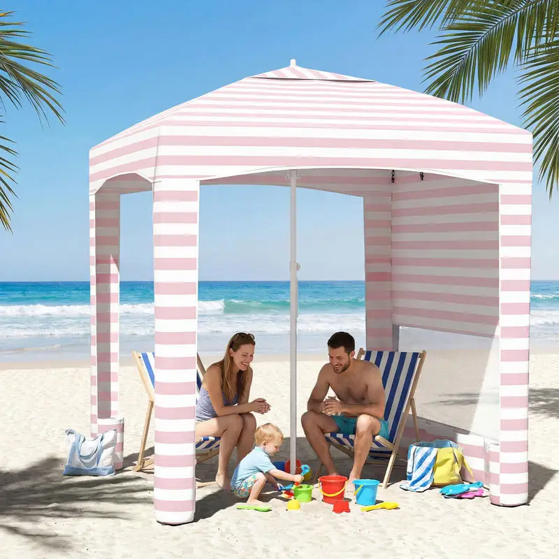Tente de plage réglable 185x185cm avec paroi latérale, sacs de sable, rose + blanc, facile à nettoyer, indispensable pour le camping