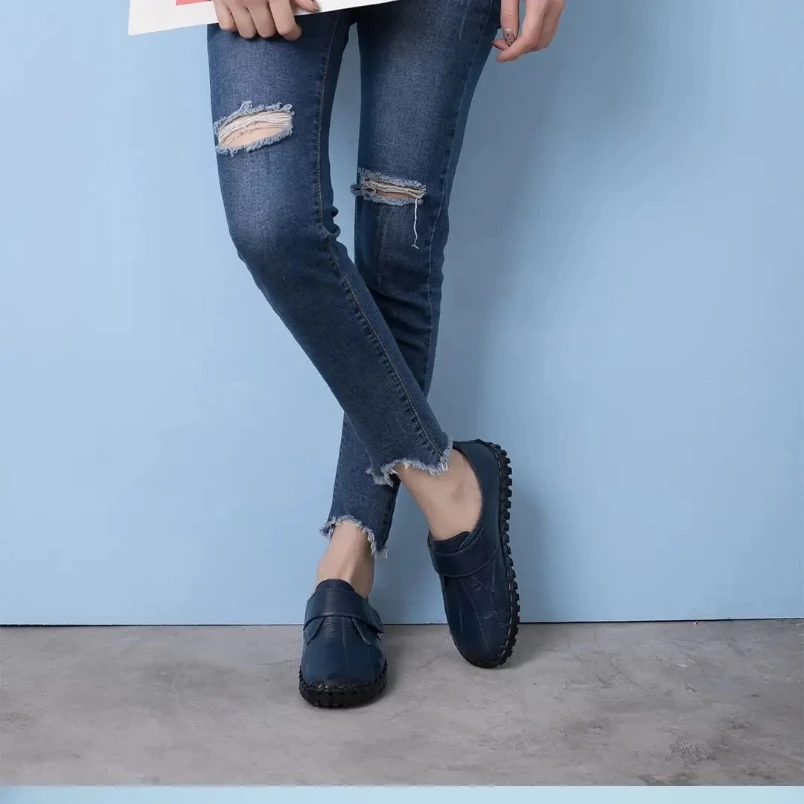 2025 أحذية من الجلد الحقيقي للمرأة الخريف الشقق الإناث هوك حلقة أحذية تقويم العظام حجم كبير 42 المرأة المتسكعون #6