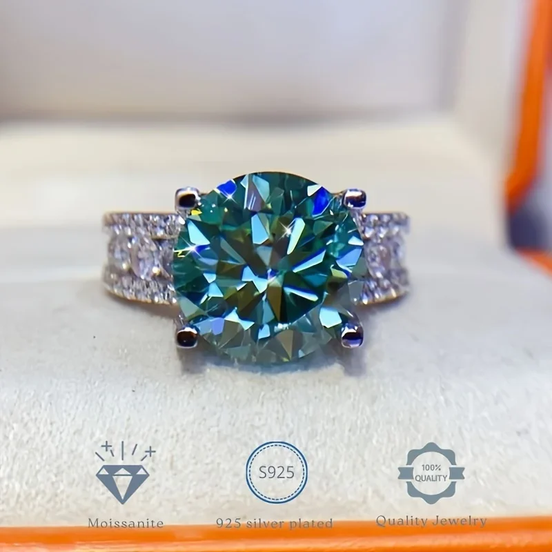 Blue Green 4 Prongs Moissanite 925 Sterling Silver Ring, Perfect For Proposal, Eternal Promise Jewelry Gift engagement ring