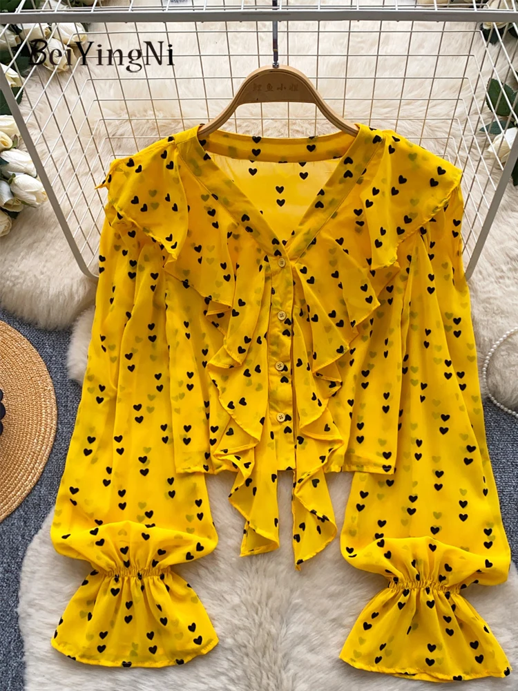 

Beiyingni Summer Sweet Women's Shirts And Blusas Heart Printed Ruffles Chiffon Puff Sleeve Top Female High Street V-neck Blouses