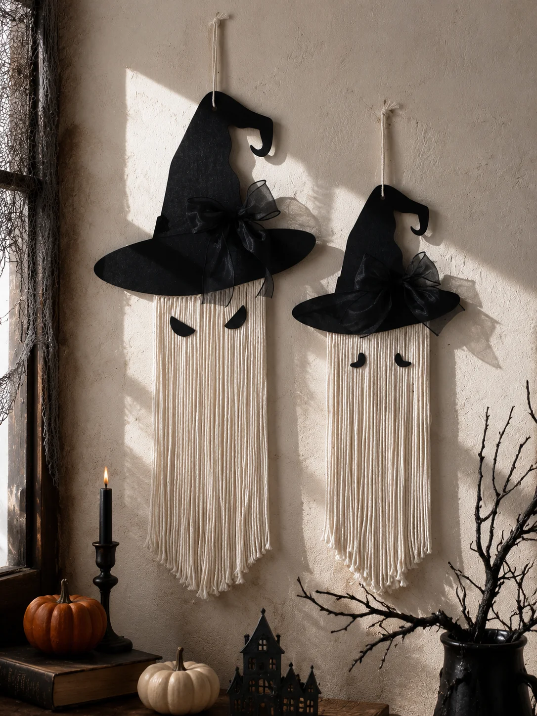 Halloween Witch Hat Ghost Macrame Wall Hanging Felt Witch Ghost Tassel Door Hanger Spooky Boho Indoor Home Front Door Car Decor