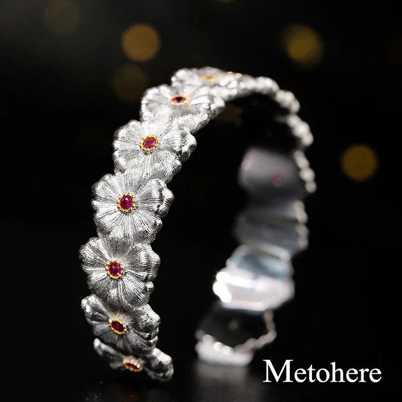 Metohere|Italian retro craft luxury jewelry 925 silver plated bracelet bracelet ladies elegant flower design bracelet