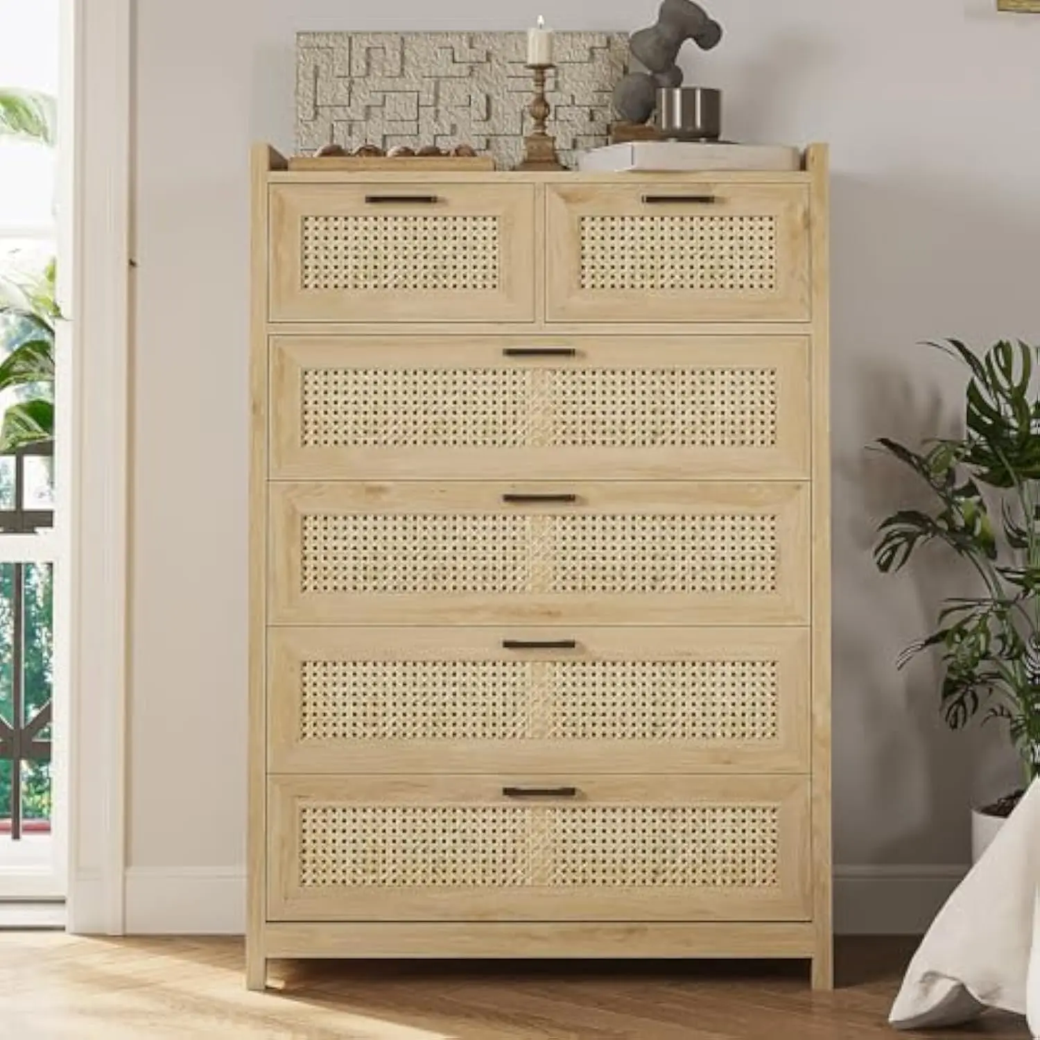 

6 Drawer Dresser for Bedroom, Rattan Chest of Drawers with Led Lights, Wood Storage Dresser Chest with Metal Handle, Modern St