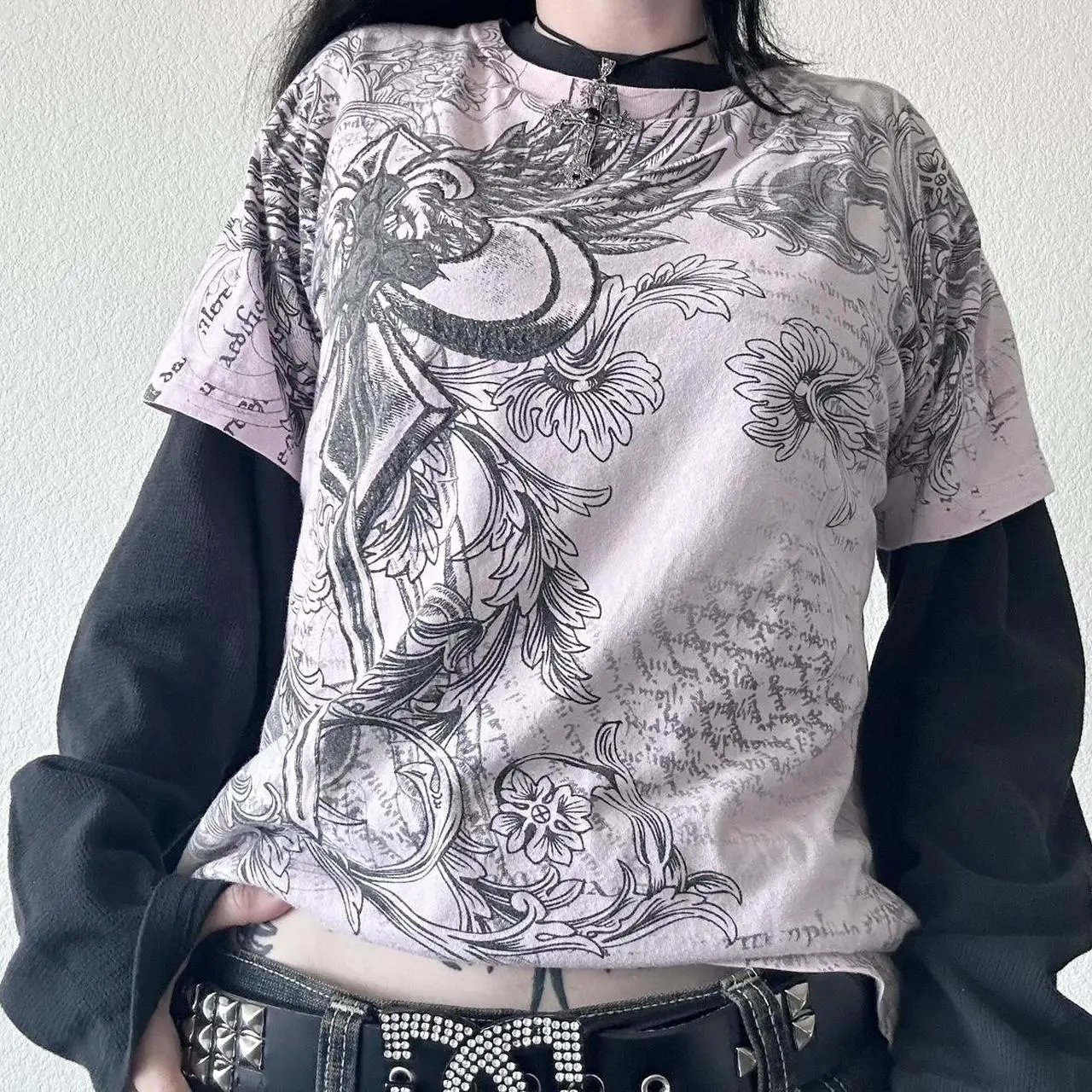 Vintage Graphic Print Patchwork Long Sleeve Tees Harajuku Fake Two-Piece T-Shirts Korean Gothic Grunge Loose Tops Streetwear