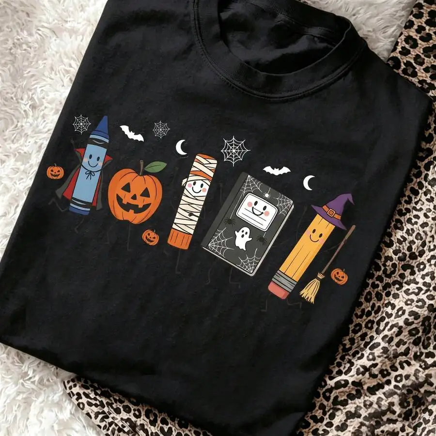2026 Fashion New Back To School Halloween Graphic Tee Preppy Style Pencil Notebook Pumpkin Pattern Short Sleeve Casual Crewneck Campus Holiday Basic Top Tee