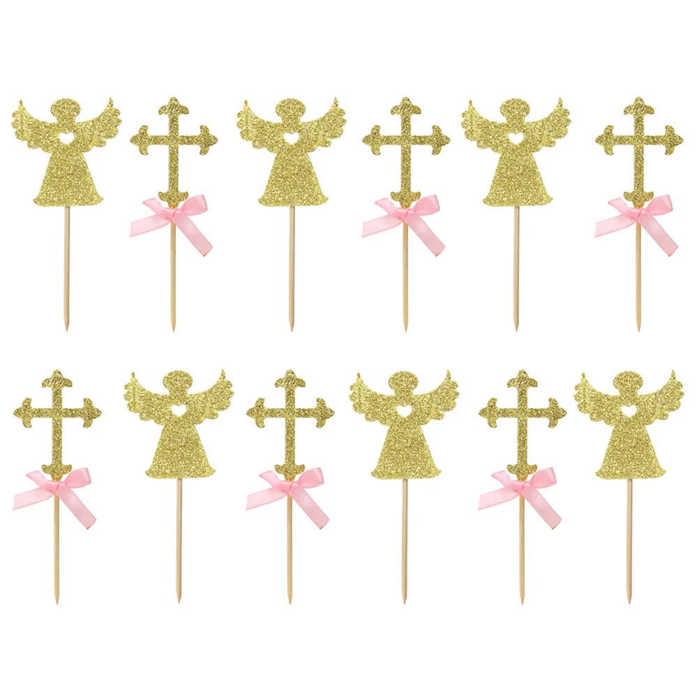 

24Pcs Cross Angel Cake Picks Glitter Cake Toppers Funny Wedding Birthday Cupcake Party Decor Wedding Cupcake Decor