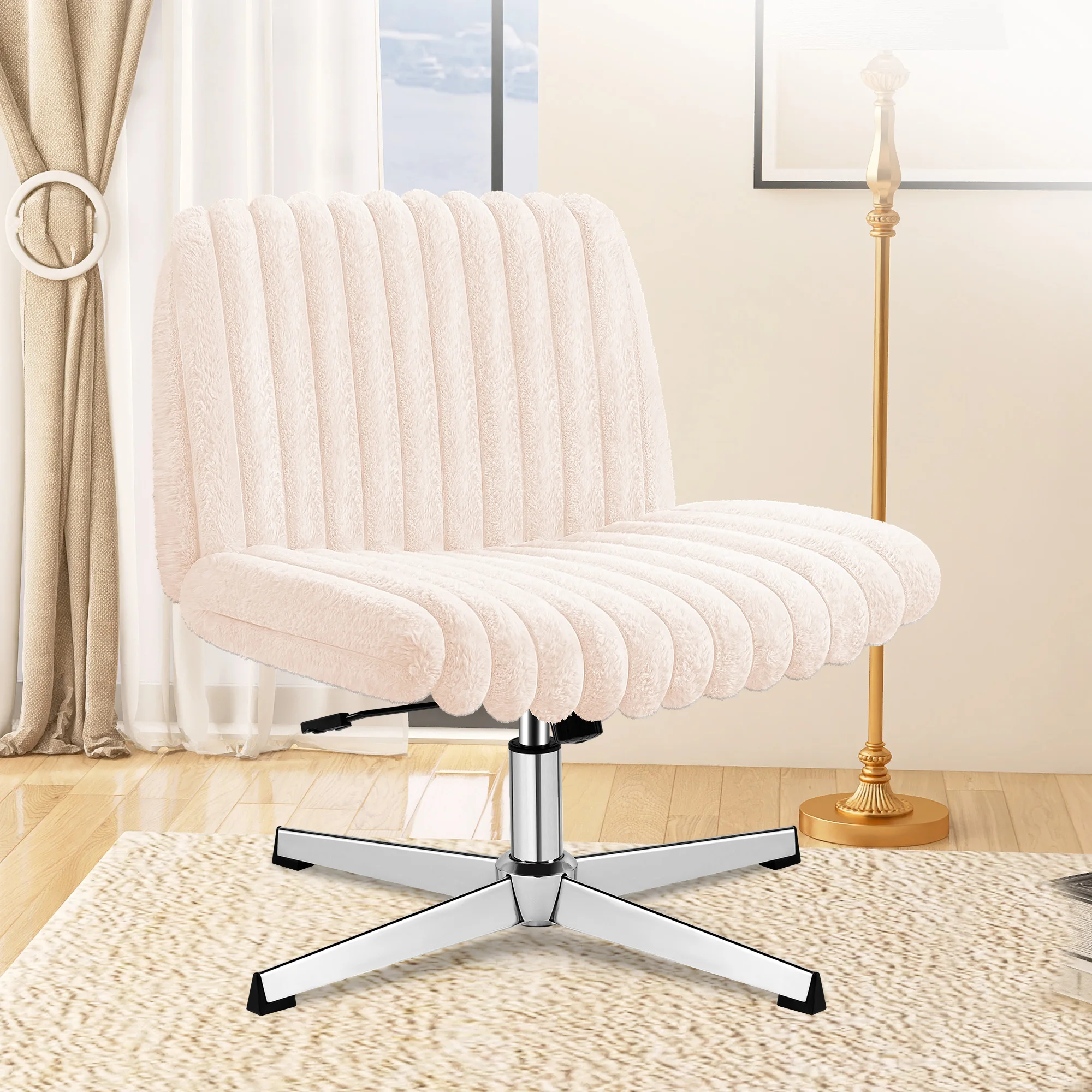 KERDOM  Criss Cross Chair Legged, Furry Armless Office Swivel Desk Chairs, No Wheels, Fabric Height Adjustable with Wide Seat, Comfy Cute Computer Task Chair for Home Bedroom, Pink