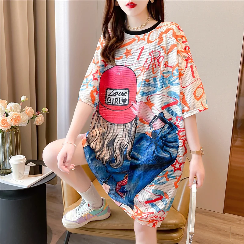 #4203 Summer Mesh T Shirt Women Loose Hollow Out Short Sleeve T Shirt Female O-neck Casual 3D Print Long T-shirt Loose Quick-dry