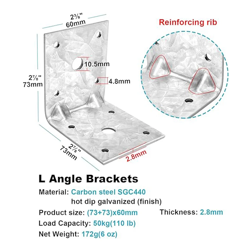 10Pack2⅞ inches Steel L Right Angle Bracket, 90 Degree Galvanized Metal Joint Corner Braces with Reinforcing Strengthen Design